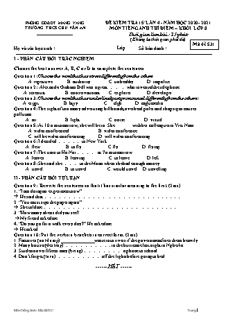 Đề kiểm tra 15 phút môn Tiếng Anh 8 (Hệ 10 năm) lần 4 năm học 2020-2021 - Trường THCS Chu Văn An (Có đáp án)