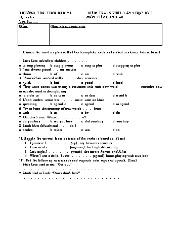 Đề kiểm tra 15 phút môn Tiếng Anh 8 lần 2 học kì I - Trường TH & THCS Đăk Yă