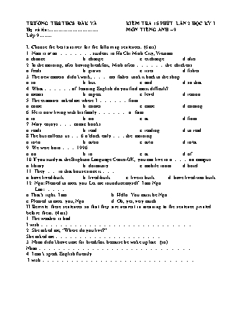 Đề kiểm tra 15 phút môn Tiếng Anh 9 lần 2 học kì I - Trường TH & THCS Đăk Yă