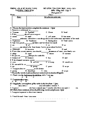 Đề kiểm tra 15 phút môn Tiếng Anh 9 năm học 2020-2021 - Trường THCS Hra