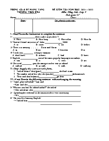 Đề kiểm tra 15 phút môn Tiếng Anh 9 năm học 2021-2022 - Trường THCS Hra