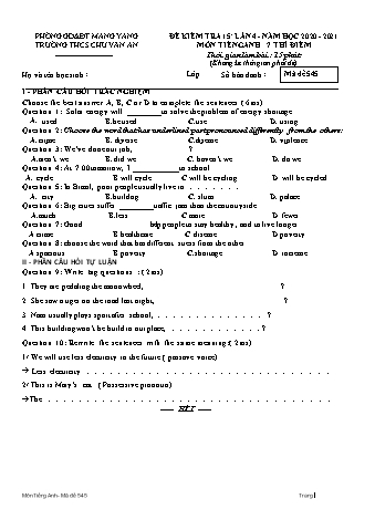Đề kiểm tra 15 phút môn Tiếng Anh Khối 7 (Hệ 10 năm) lần 4 năm học 2020-2021 - Trường THCS Chu Văn An (Có đáp án)