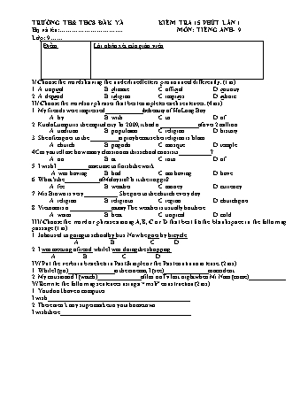 Đề kiểm tra 15 phút môn Tiếng Anh Khối 9 - Trường TH & THCS Đăk Yă