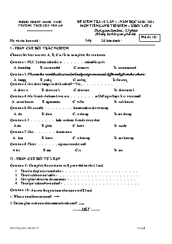 Đề kiểm tra 15 phút môn Tiếng Anh Lớp 6 lần 1 năm học 2020-2021 - Trường THCS Chu Văn An (Có đáp án)