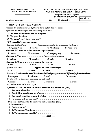 Đề kiểm tra 15 phút môn Tiếng Anh Lớp 6 lần 2 năm học 2021-2022 - Trường THCS Chu Văn An