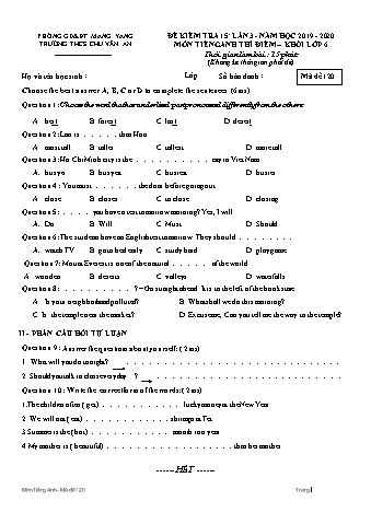 Đề kiểm tra 15 phút môn Tiếng Anh Lớp 6 lần 3 năm học 2019-2020 - Trường THCS Chu Văn An (Có đáp án)