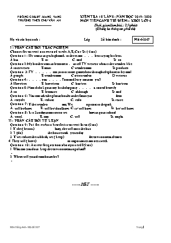 Đề kiểm tra 15 phút môn Tiếng Anh Lớp 6 lần 5 năm học 2019-2020 - Trường THCS Chu Văn An (Có đáp án)