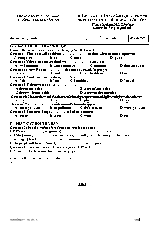 Đề kiểm tra 15 phút môn Tiếng Anh Lớp 6 lần 6 năm học 2019-2020 - Trường THCS Chu Văn An (Có đáp án)