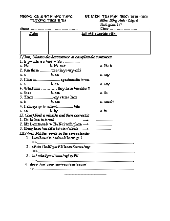 Đề kiểm tra 15 phút môn Tiếng Anh Lớp 6 năm học 2020-2021 - Trường THCS Hra