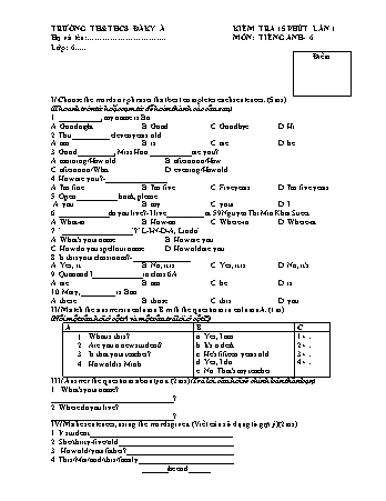 Đề kiểm tra 15 phút môn Tiếng Anh Lớp 6 - Trường TH & THCS Đăk Yă