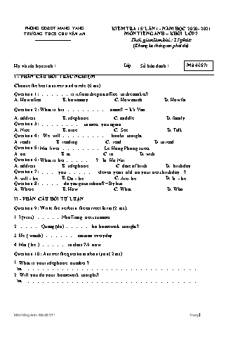 Đề kiểm tra 15 phút môn Tiếng Anh Lớp 7 (Hệ 10 năm) lần 1 năm học 2020-2021 - Trường THCS Chu Văn An (Có đáp án)