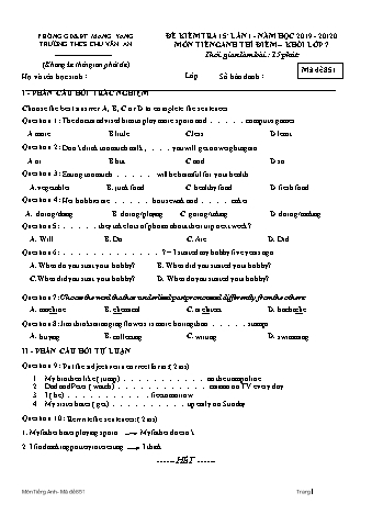 Đề kiểm tra 15 phút môn Tiếng Anh Lớp 7 (Hệ 10 năm) lần 1 năm học 2019-2020 - Trường THCS Chu Văn An (Có đáp án)