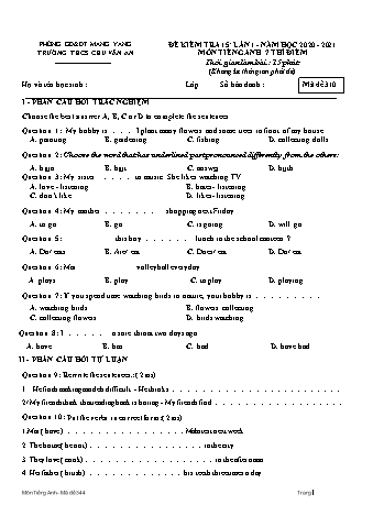 Đề kiểm tra 15 phút môn Tiếng Anh Lớp 7 (Hệ 10 năm) lần 1 năm học 2020-2021 - Trường THCS Chu Văn An