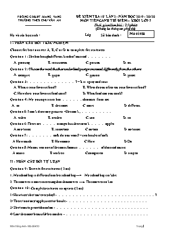 Đề kiểm tra 15 phút môn Tiếng Anh Lớp 7 (Hệ 10 năm) lần 2 năm học 2019-2020 - Trường THCS Chu Văn An (Có đáp án)