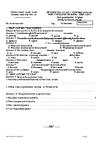Đề kiểm tra 15 phút môn Tiếng Anh Lớp 7 (Hệ 10 năm) lần 2 năm học 2020-2021 - Trường THCS Chu Văn An (Có đáp án)