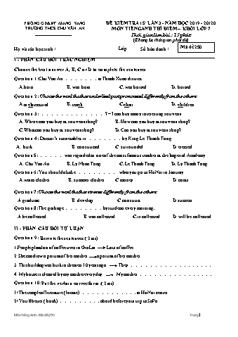 Đề kiểm tra 15 phút môn Tiếng Anh Lớp 7 (Hệ 10 năm) lần 3 năm học 2019-2020 - Trường THCS Chu Văn An