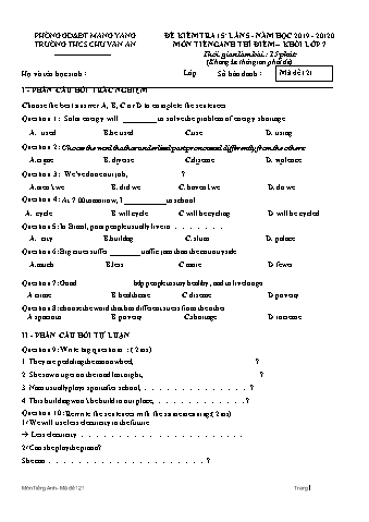 Đề kiểm tra 15 phút môn Tiếng Anh Lớp 7 (Hệ 10 năm) lần 5 năm học 2019-2020 - Trường THCS Chu Văn An