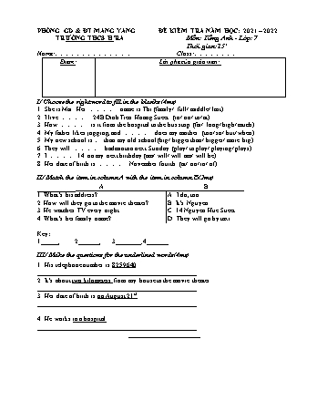 Đề kiểm tra 15 phút môn Tiếng Anh Lớp 7 năm học 2021-2022 - Trường THCS Hra