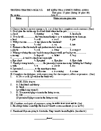 Đề kiểm tra 15 phút môn Tiếng Anh Lớp 8 - Trường TH & THCS Đăk Yă