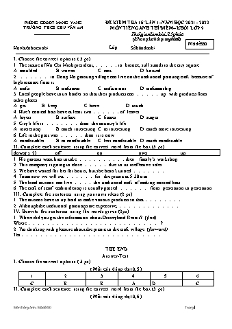 Đề kiểm tra 15 phút môn Tiếng Anh Lớp 9 (Hệ 10 năm) lần 1 năm học 2021-2022 - Trường THCS Chu Văn An (Có đáp án)