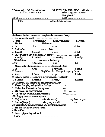 Đề kiểm tra 15 phút môn Tiếng Anh Lớp 9 năm học 2020-2021 - Trường THCS Hra