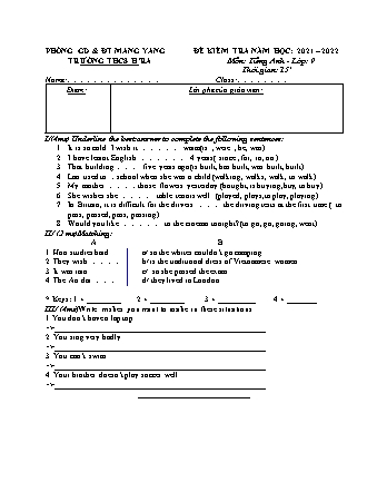 Đề kiểm tra 15 phút môn Tiếng Anh Lớp 9 năm học 2021-2022 - Trường THCS Hra