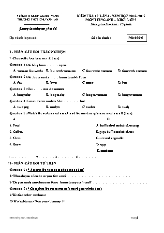 Đề kiểm tra 15 phút năm học 2016-2017 môn Tiếng Anh 7 lần 3 - Trường THCS Chu Văn An (Có đáp án + Ma trận)