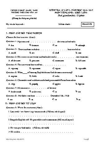 Đề kiểm tra 15 phút năm học 2016-2017 môn Tiếng Anh 9 lần 2 - Trường THCS Chu Văn An (Có đáp án + Ma trận)