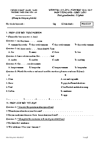 Đề kiểm tra 15 phút năm học 2016-2017 môn Tiếng Anh Lớp 7 lần 3 - Trường THCS Chu Văn An (Có đáp án + Ma trận)