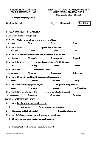 Đề kiểm tra 15 phút năm học 2016-2017 môn Tiếng Anh Lớp 8 lần 3 - Trường THCS Chu Văn An (Có đáp án + Ma trận)