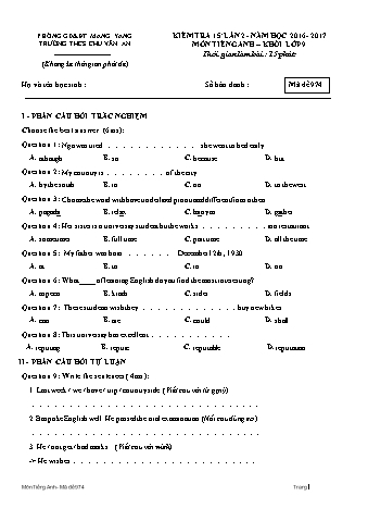 Đề kiểm tra 15 phút năm học 2016-2017 môn Tiếng Anh Lớp 9 lần 2 - Trường THCS Chu Văn An (Có đáp án + Ma trận)