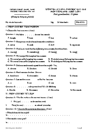 Đề kiểm tra 15 phút năm học 2017-2018 môn Tiếng Anh 7 lần 4 - Trường THCS Chu Văn An (Có đáp án + Ma trận)
