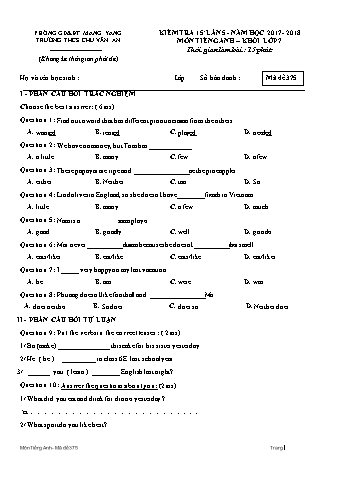 Đề kiểm tra 15 phút năm học 2017-2018 môn Tiếng Anh 7 lần 5 - Trường THCS Chu Văn An (Có đáp án + Ma trận)