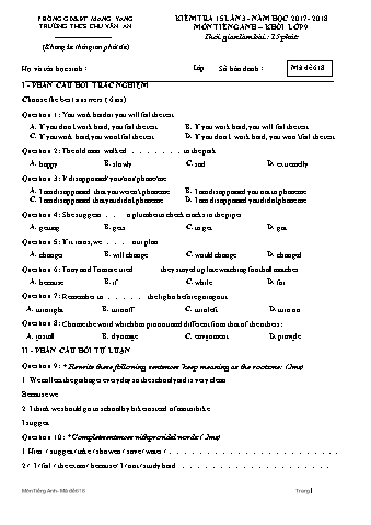 Đề kiểm tra 15 phút năm học 2017-2018 môn Tiếng Anh 9 lần 3 - Trường THCS Chu Văn An (Có đáp án + Ma trận)