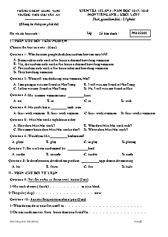 Đề kiểm tra 15 phút năm học 2017-2018 môn Tiếng Anh Lớp 7 lần 3 - Trường THCS Chu Văn An (Có đáp án + Ma trận)