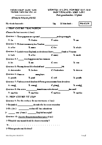 Đề kiểm tra 15 phút năm học 2017-2018 môn Tiếng Anh Lớp 7 lần 5 - Trường THCS Chu Văn An (Có đáp án + Ma trận)