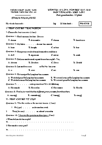 Đề kiểm tra 15 phút năm học 2017-2018 môn Tiếng Anh Lớp 7 lần 4 - Trường THCS Chu Văn An (Có đáp án + Ma trận)