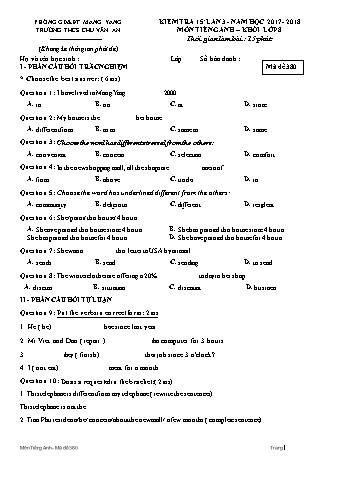 Đề kiểm tra 15 phút năm học 2017-2018 môn Tiếng Anh Lớp 8 lần 3 - Trường THCS Chu Văn An (Có đáp án + Ma trận)