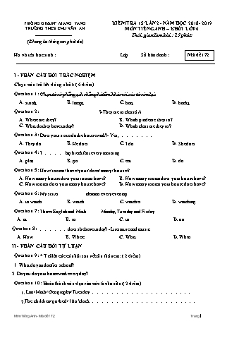 Đề kiểm tra 15 phút năm học 2018-2019 môn Tiếng Anh 6 lần 2 - Trường THCS Chu Văn An (Có ma trận)