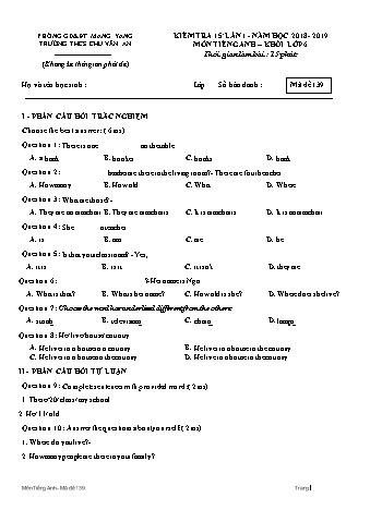 Đề kiểm tra 15 phút năm học 2018-2019 môn Tiếng Anh 6 - Trường THCS Chu Văn An (Có ma trận)