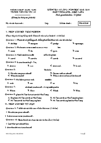 Đề kiểm tra 15 phút năm học 2018-2019 môn Tiếng Anh Lớp 6 lần 3 - Trường THCS Chu Văn An (Có ma trận)