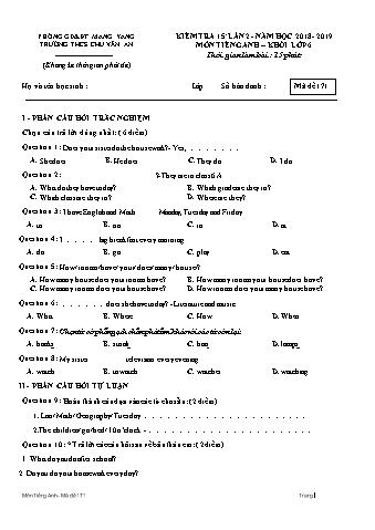 Đề kiểm tra 15 phút năm học 2018-2019 môn Tiếng Anh Lớp 6 lần 2 - Trường THCS Chu Văn An (Có ma trận)