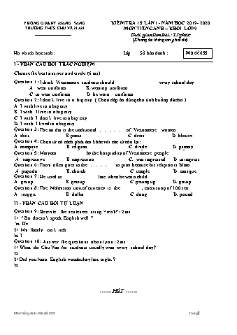 Đề kiểm tra 15 phút năm học 2019-2020 môn Tiếng Anh 9 lần 1 - Trường THCS Chu Văn An (Có đáp án)