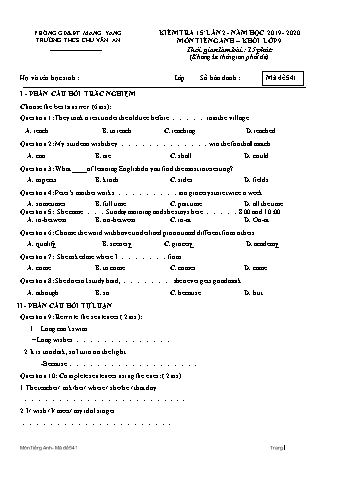 Đề kiểm tra 15 phút năm học 2019-2020 môn Tiếng Anh 9 lần 2 - Trường THCS Chu Văn An (Có đáp án)