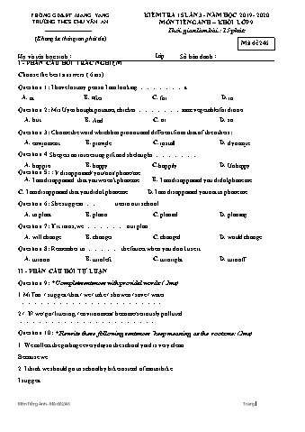 Đề kiểm tra 15 phút năm học 2019-2020 môn Tiếng Anh 9 lần 3 - Trường THCS Chu Văn An