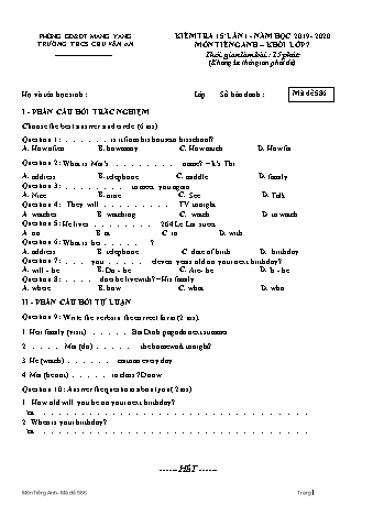 Đề kiểm tra 15 phút năm học 2019-2020 môn Tiếng Anh Lớp 7 lần 1 - Trường THCS Chu Văn An (Có đáp án)