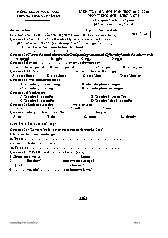 Đề kiểm tra 15 phút năm học 2019-2020 môn Tiếng Anh Lớp 8 lần 6 - Trường THCS Chu Văn An