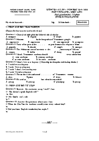 Đề kiểm tra 15 phút năm học 2019-2020 môn Tiếng Anh Lớp 9 lần 1 - Trường THCS Chu Văn An