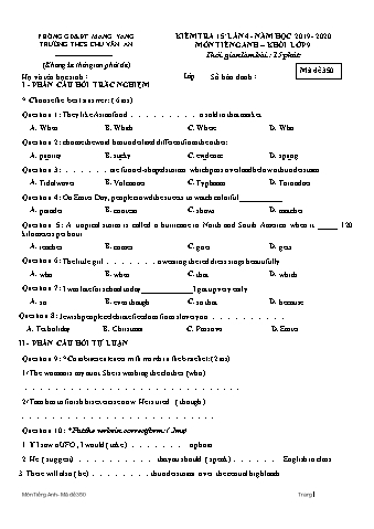 Đề kiểm tra 15 phút năm học 2019-2020 môn Tiếng Anh Lớp 9 lần 4 - Trường THCS Chu Văn An