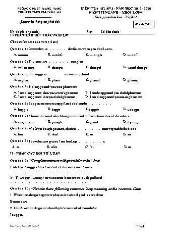 Đề kiểm tra 15 phút năm học 2019-2020 môn Tiếng Anh Lớp 9 lần 3 - Trường THCS Chu Văn An